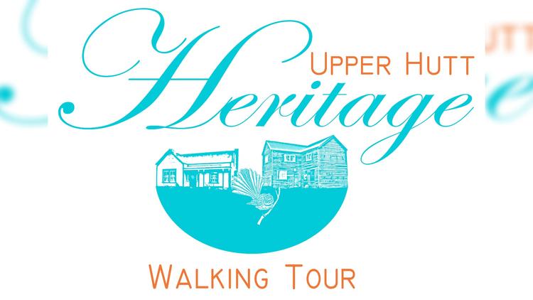 Blue and orange Upper Hutt Heritage Walking Tour featuring a piwakawaka (fantail), Golder's Cottage and the Blockhouse.