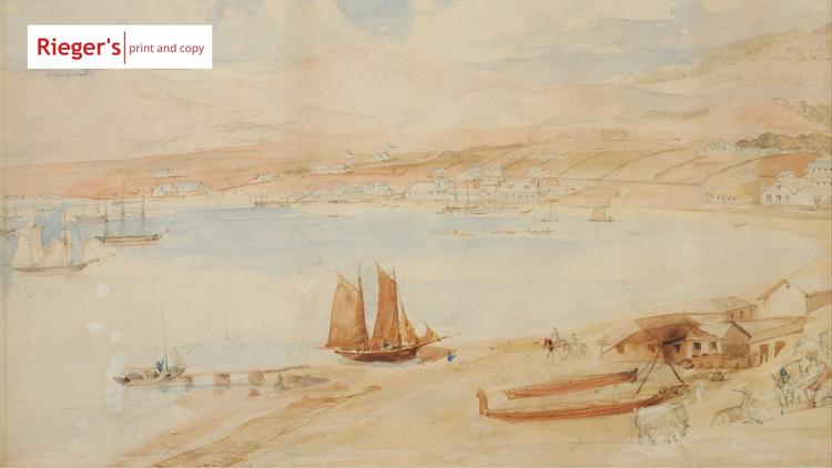 Watercolour painting of Wellington Harbour in the mid-nineteenth century.