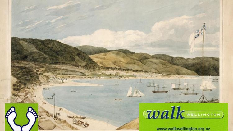 Images is of a painting of Wellington Harbour with ships in the Harbour showing some of the early settlements and the Walk Wellington logo. 