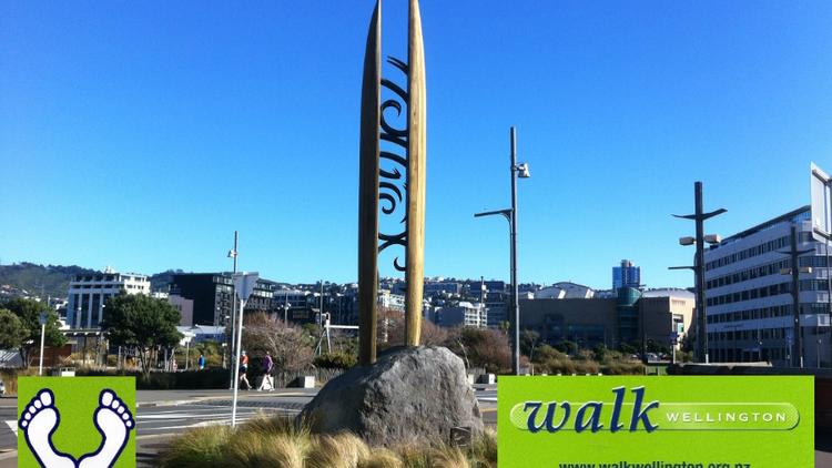 Image of a sculpture by the Wellington Waterfront with the Walk Wellington logo in the bottom right corner