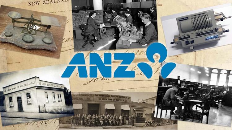 Image of ANZ logo with old photos in the background of an old bank, workers and examples of some of the equipment used. 