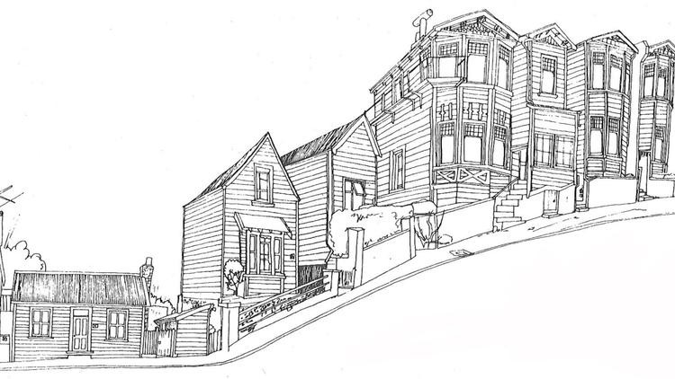 Illustration showing a hilly road lined with historic wooden houses 