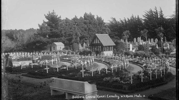 Historic black and white image of Karori Cemetery, with concentric graves as crosses