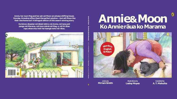 Book cover displaying a house and a child with a cat. Reads "Annie & Moon, Ko Annie rāura ko Marama"