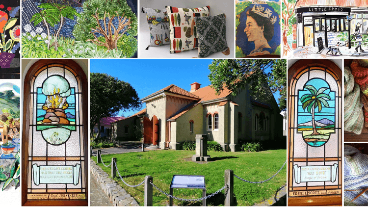 Collage of photos of stained glass windows, embroidery, knitting and paintings. 